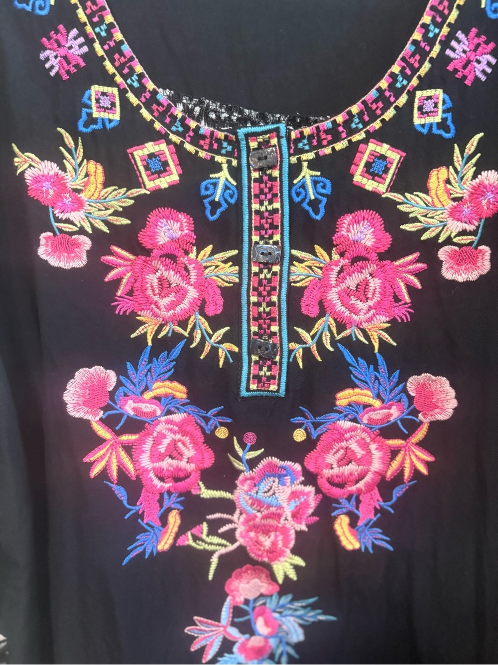 Black Embroidered Floral Tunic Top with Mixed-Print Sleeves - Picture 4 of 7